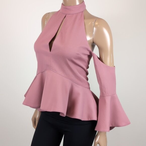 C/Meo Collective Dusty Rose Oblivion Top Halter Flare Sleeve Peplum Ruffle Pink - Picture 4 of 16